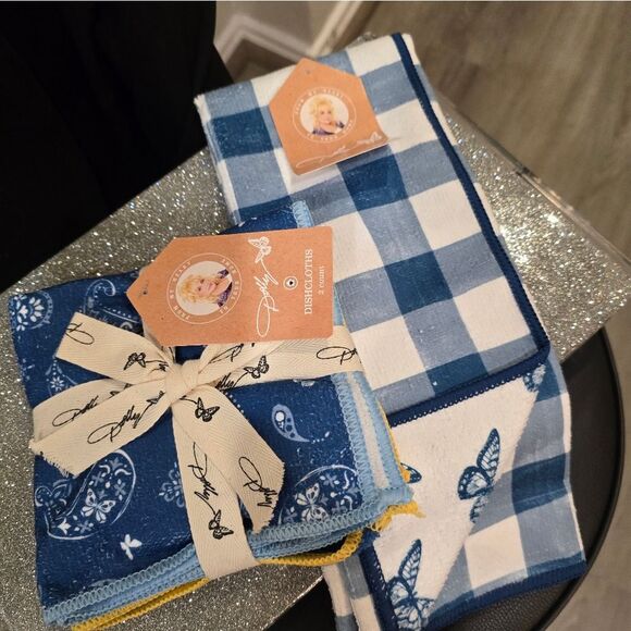 Dolly Parton Paisley and Checkered Kitchen Towel & Dish Cloth Set- Blue - Picture 9 of 10